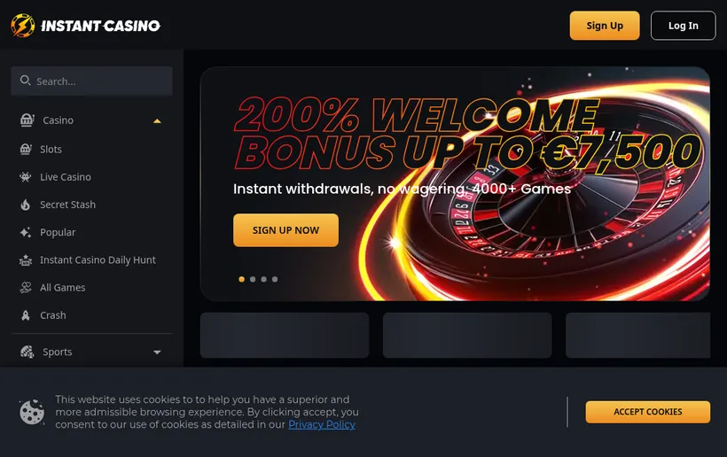 Instant Casino homepage screenshot