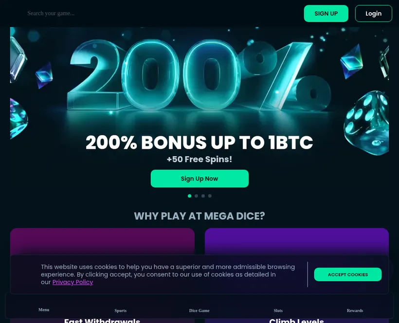 Mega Dice homepage screenshot