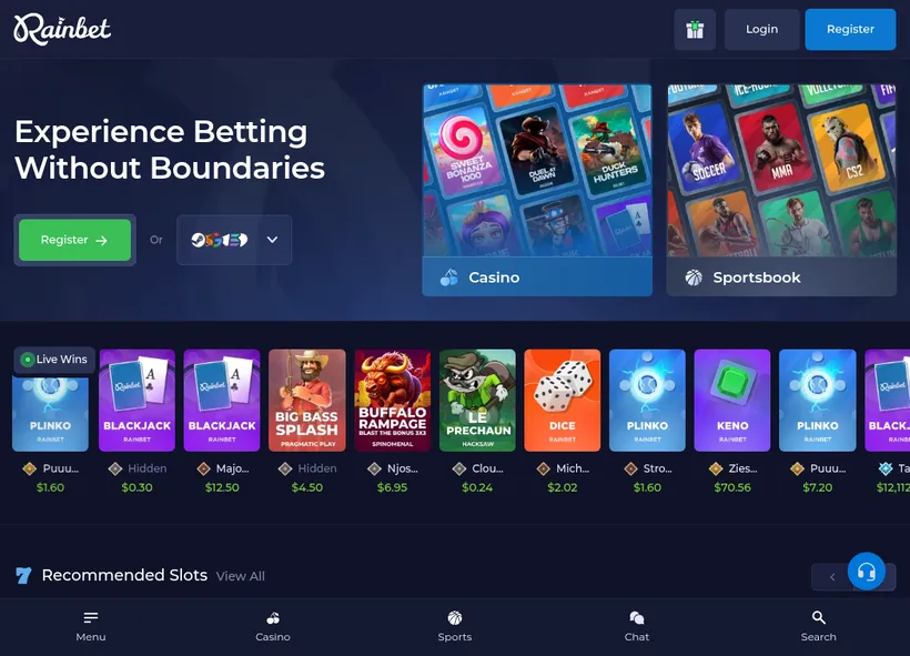 Rainbet homepage screenshot