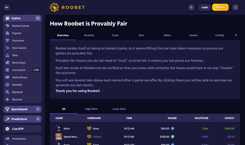 Provably-fair verification page showing the server-seed hash