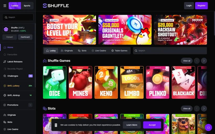 Shuffle homepage screenshot